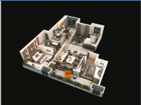 E户型建面约124平方米，三室两厅两卫